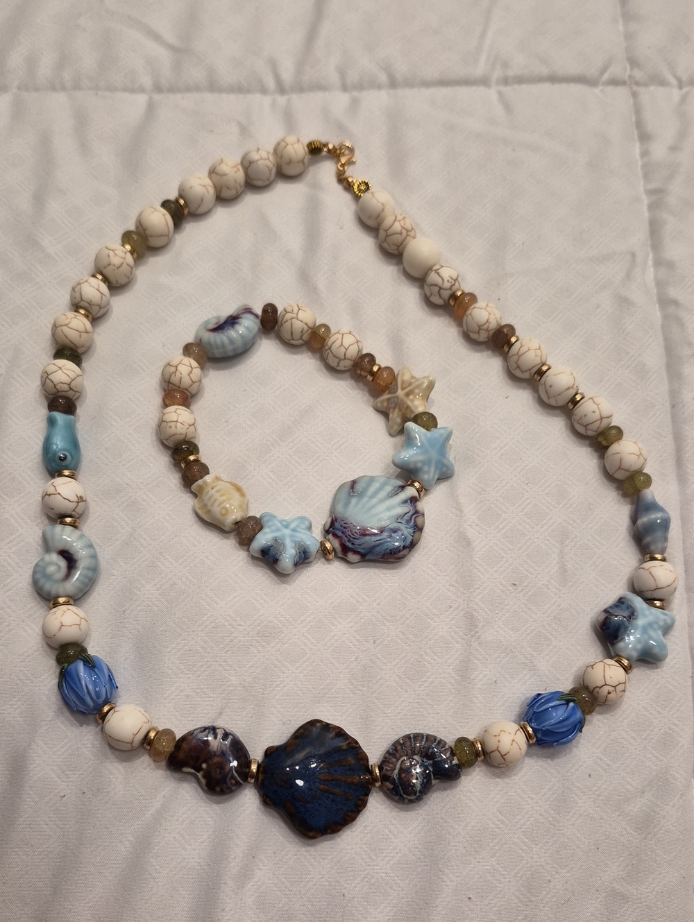 Handcrafted Blue & White Sea Glass Necklace - Coastal Ceramic Shell Design